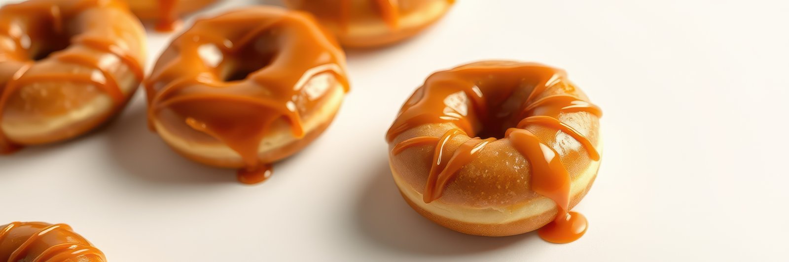 Sweet caramel donuts arranged on a white surface create a tempting dessert display for any occasion